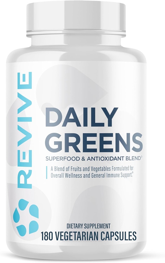 Revive MD Daily Green Priedas vyrams ir moterims - Supermaisto ir antioksidantas Blend w / Digive fermentų, Prebiotikai & Probiotikai imuninės paramos, Digital & Gut Health - 180 Capsules (60 Servings)