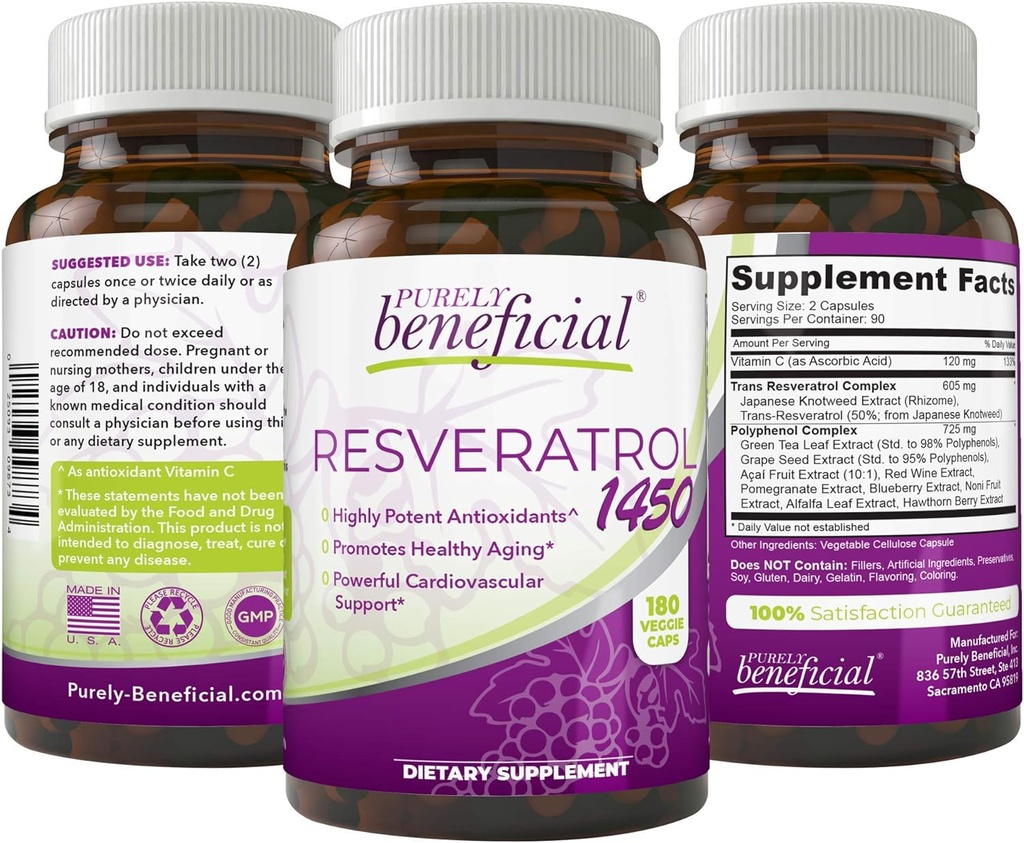 PURELY benefit RESVERATROL1450-90day Supply, 1450mg per Serving of Potent Antioxidants & Trans-Resveratrol, Propaguje anti-Aging, Kardiovaskulárna podpora, Maximum Benefits (1fľaša)