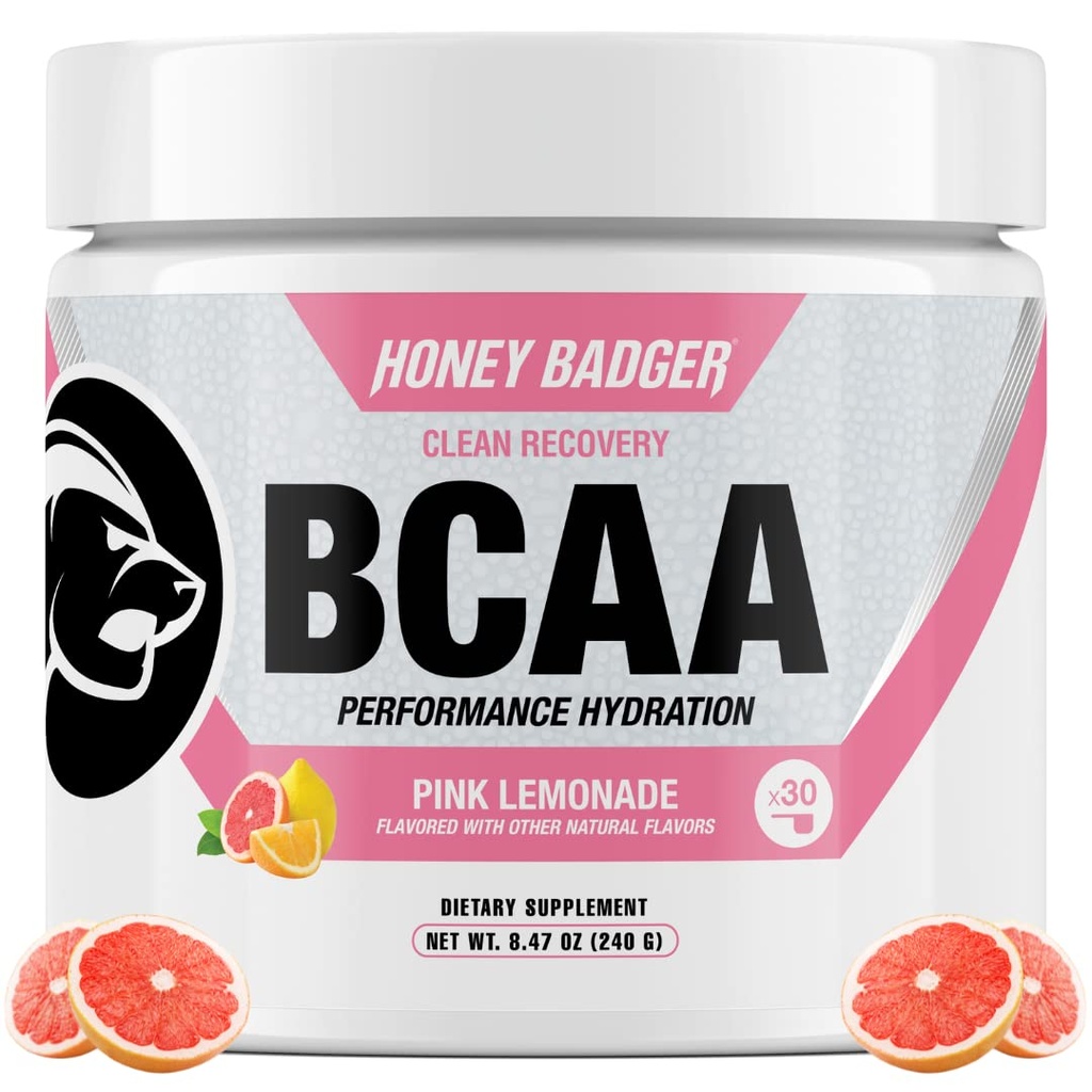Honey Badger BCAA + EAA Amino Acids Powder, BCAAs + L-Glutamine, Keto, Vegan, Sugar Free for Men & Women, Hydration & Post Workout Muscle Recovery Drink Mix, Pink Lemonade, 30 Servings