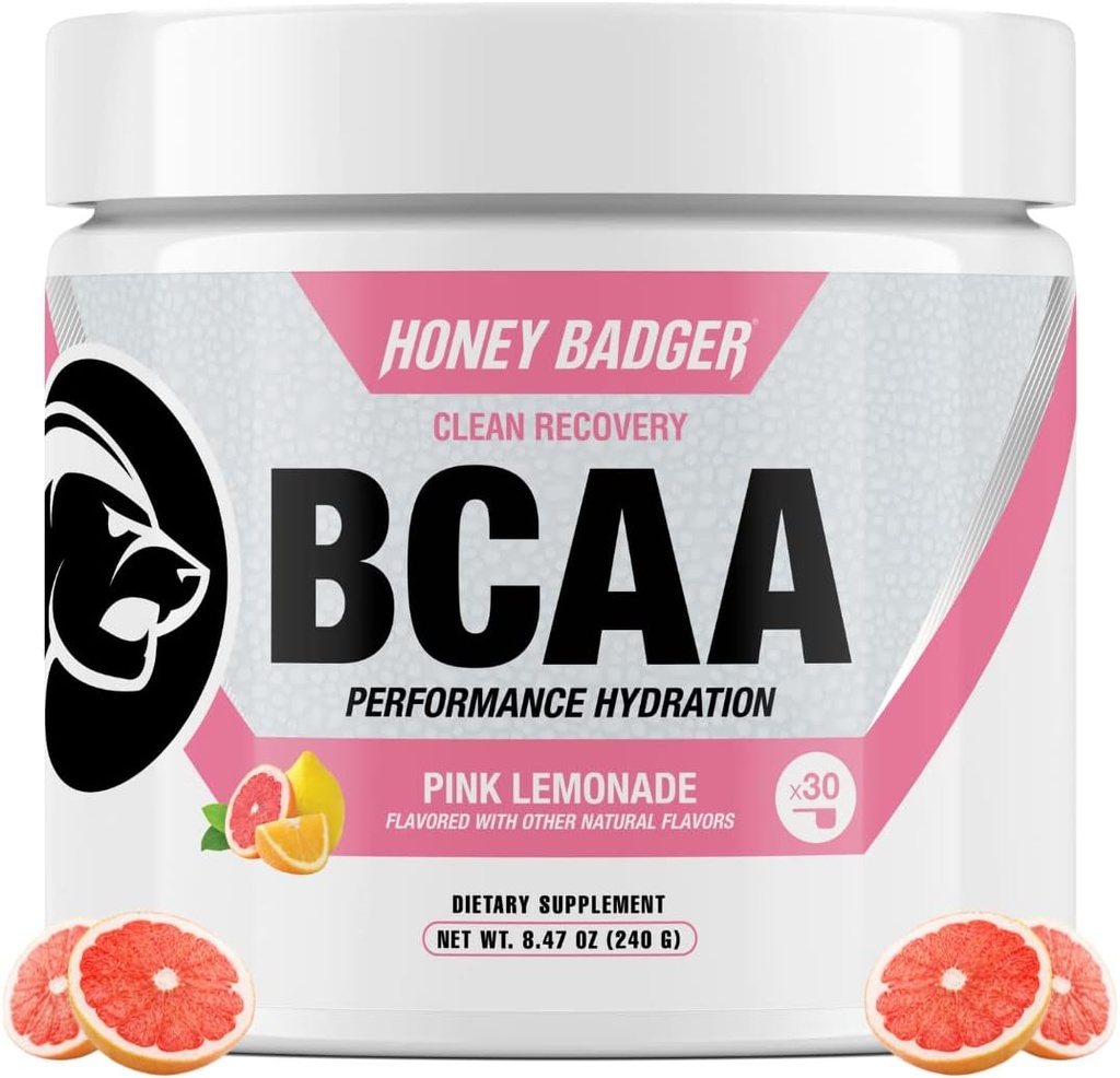 Honey Badger BCAA + EAA Aminoskābju pulveris, BCAA + L-glutamīns, Keto, Vegan, Cukurs bez vīriešiem un sievietēm, hidratācija un pēcdarbs Muskuļu atgūšanas Drink Mix, Pink Lemonade, 30 Servings