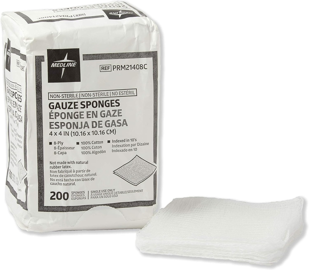 Medline Non- Sterile Cotton Woven Gauze Sponges, 8 Ply, Ideal untuk Wound Dressing dan Cleaning, Kasus 4000