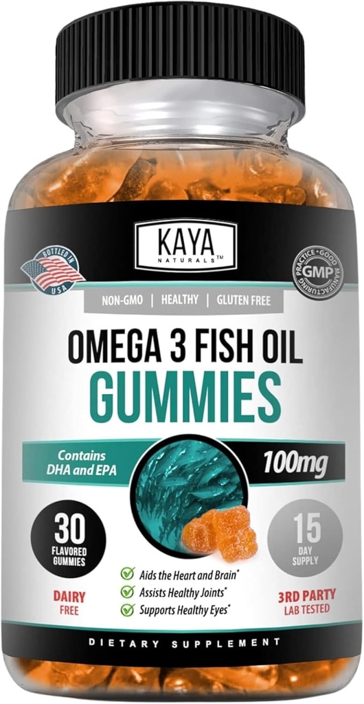 Kaya Naturals Omega 3 Fish Oil Gummies -Fish Oil Supplement med EPA & DHA Fatty Acids - Hjälper till att stödja hjärna, ögon, hjärthälsa och immunstöd - Non-GMO - 30 Count
