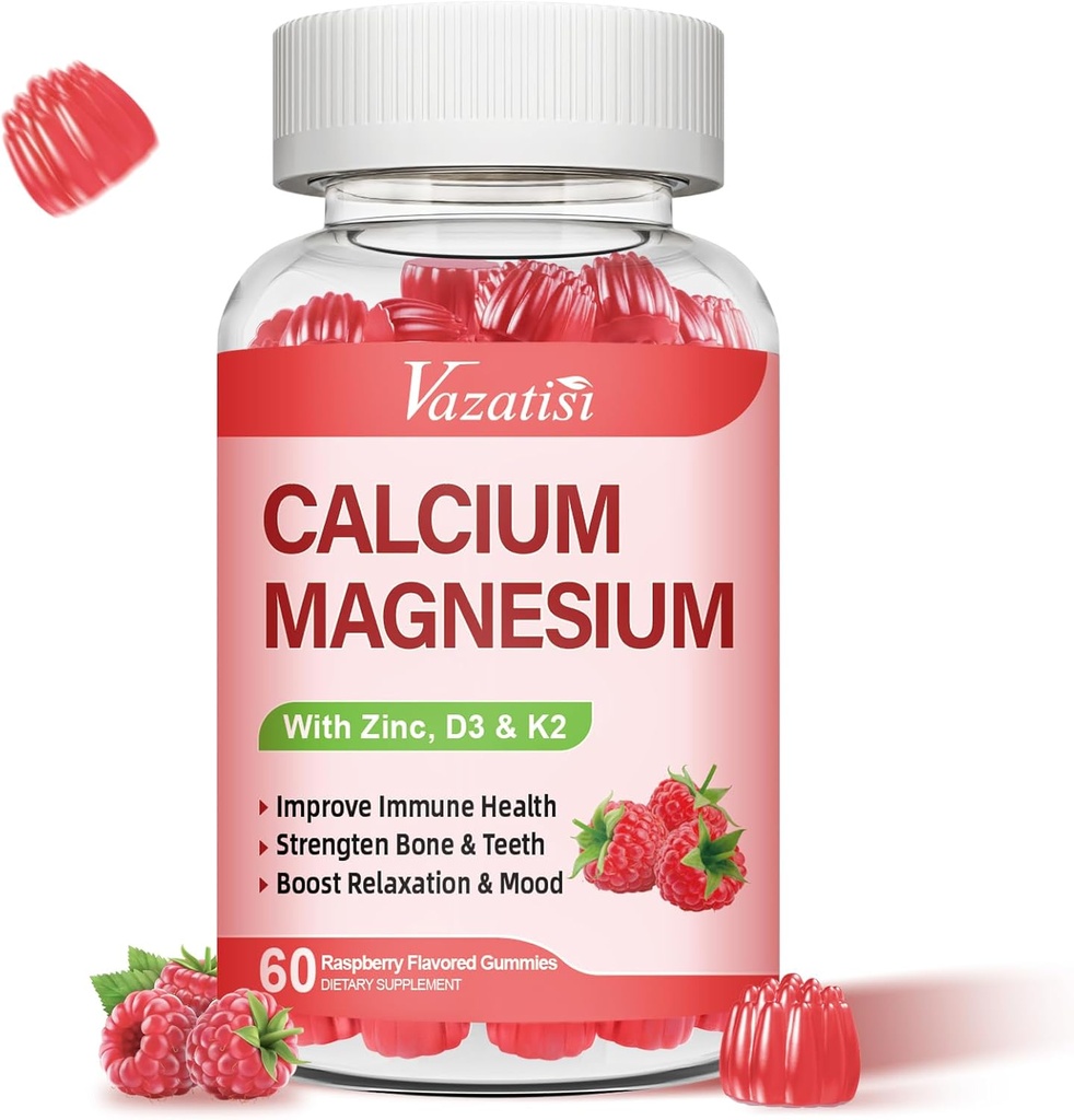 Calcium Magnesium Zinc Gummies with Vitamin D3 & K2, High Absorption Magnesium Glycinate Potassium for Immune and Calm Mood, Raspberry Flavor 60 Gummies