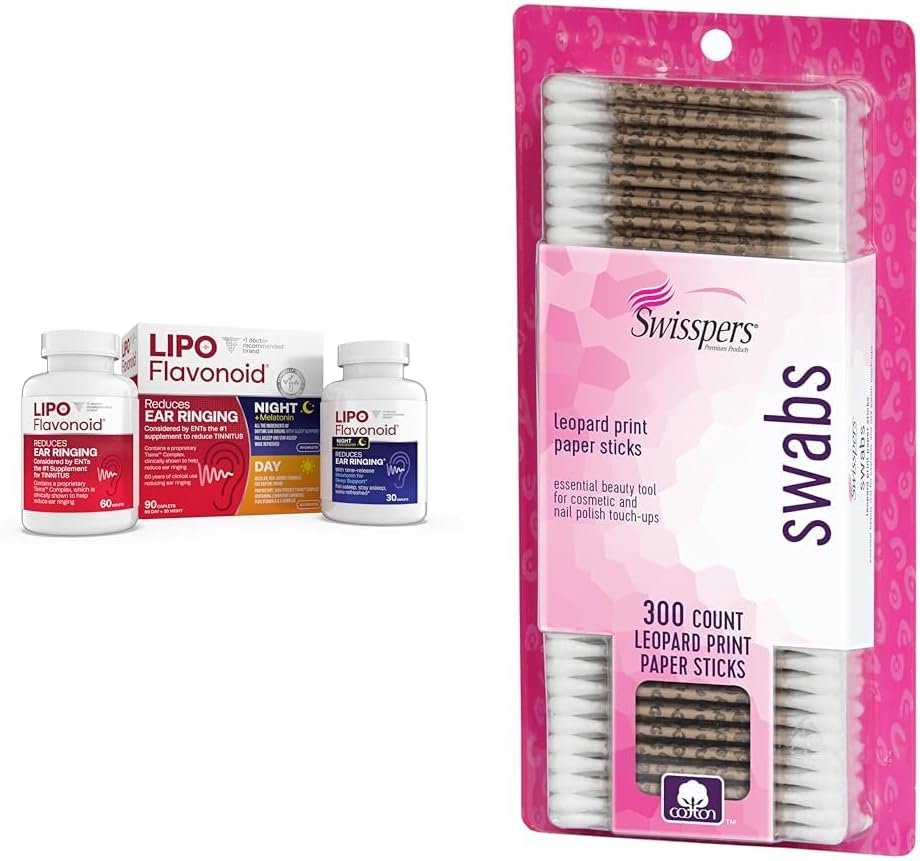 Lipo- Flavonoid Day & Night Tinnitus Relief Combo Kit dengan Vitamin, 90 Caplets & Swiss Premium Cotton Swabs, 300 Count