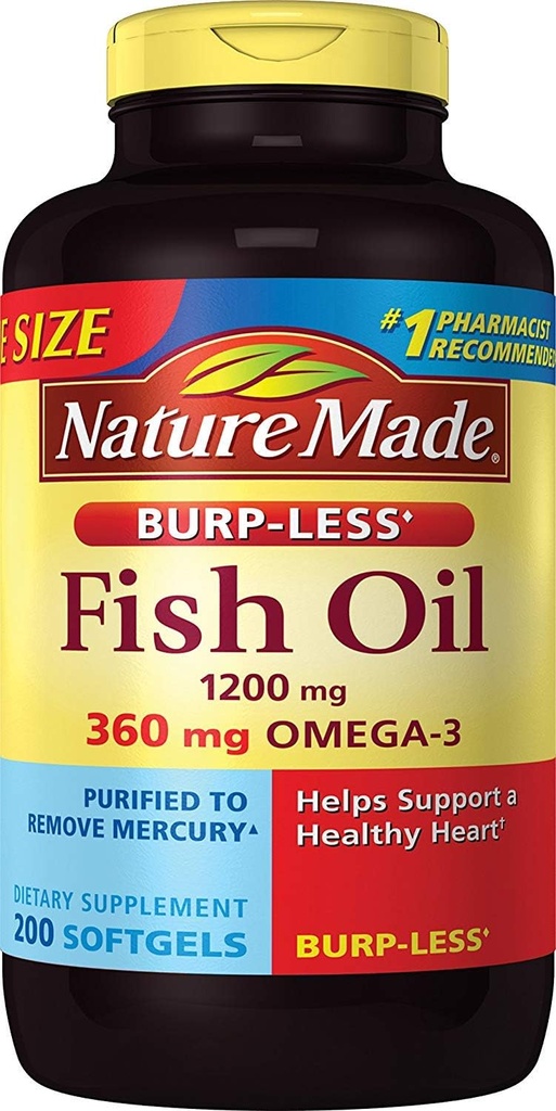 Burp-Less Fish Oil 1200 mg, 200 Softgels, Fish Oil Omega 3 Suplemento para a saúde do coração