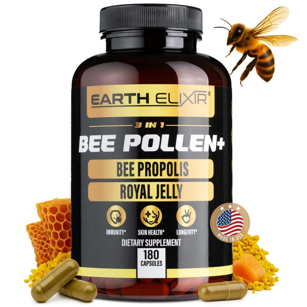 Earth Elixir 3-in-1 Organic Bee Pollen Capsule – Non-GMO, Pure Raw Bee Pollen, Royal Jelly, Propolis Extract for Women & Men – Natural Energy, Immune & Vitality Support – 180 Propolis Capsules