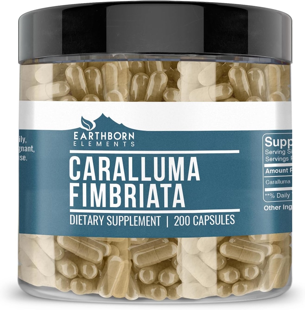 Elementos terráqueos Caralluma Fimbriata 200 Cápsulas, Puro e não diluído, Sem aditivos