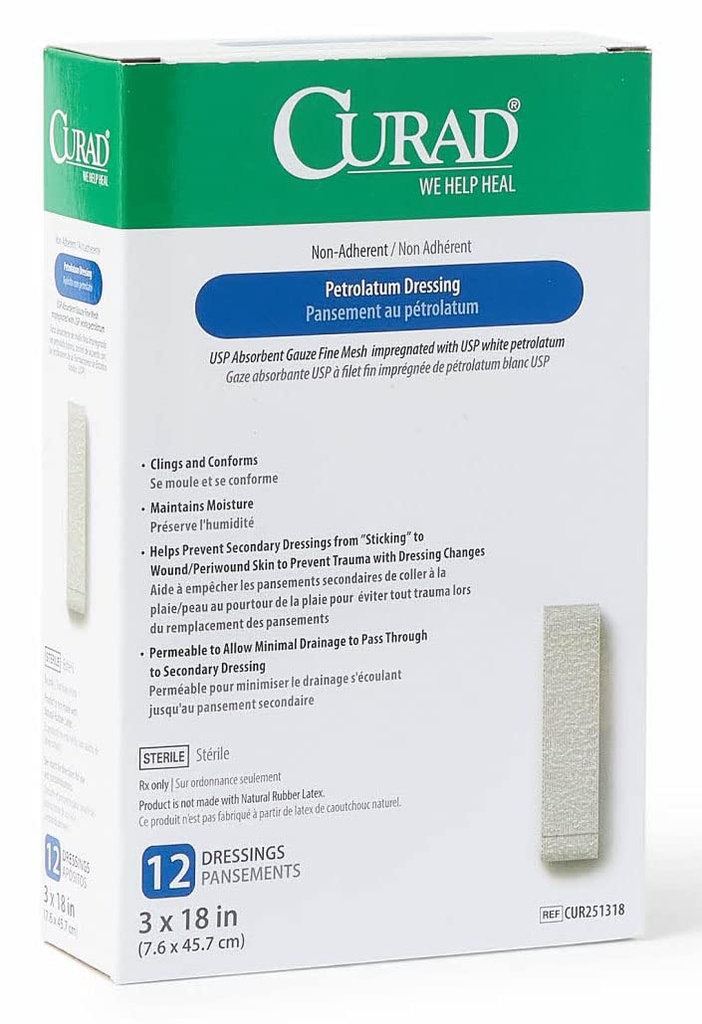 Curad Sterile Latex Free Petrolatum Gauze Dressing, 3 "x 18" (Pack på 72)