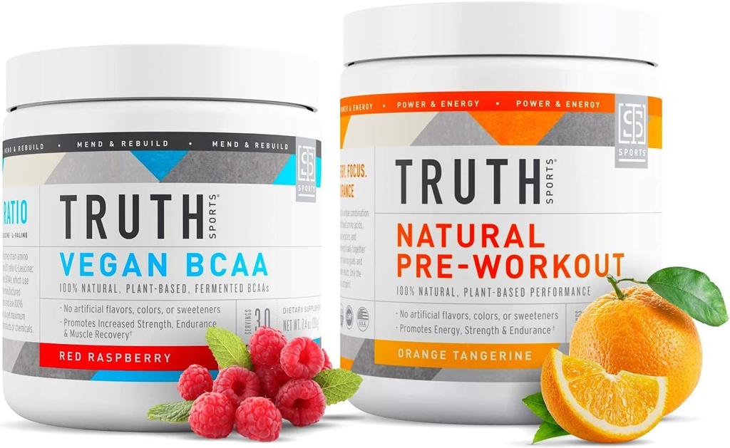 Truth Nutrition Natural Athlete Workout Stack - Natural Pretraining (Orange Tangerine) + Vegan BCAA (Red Raspberry)