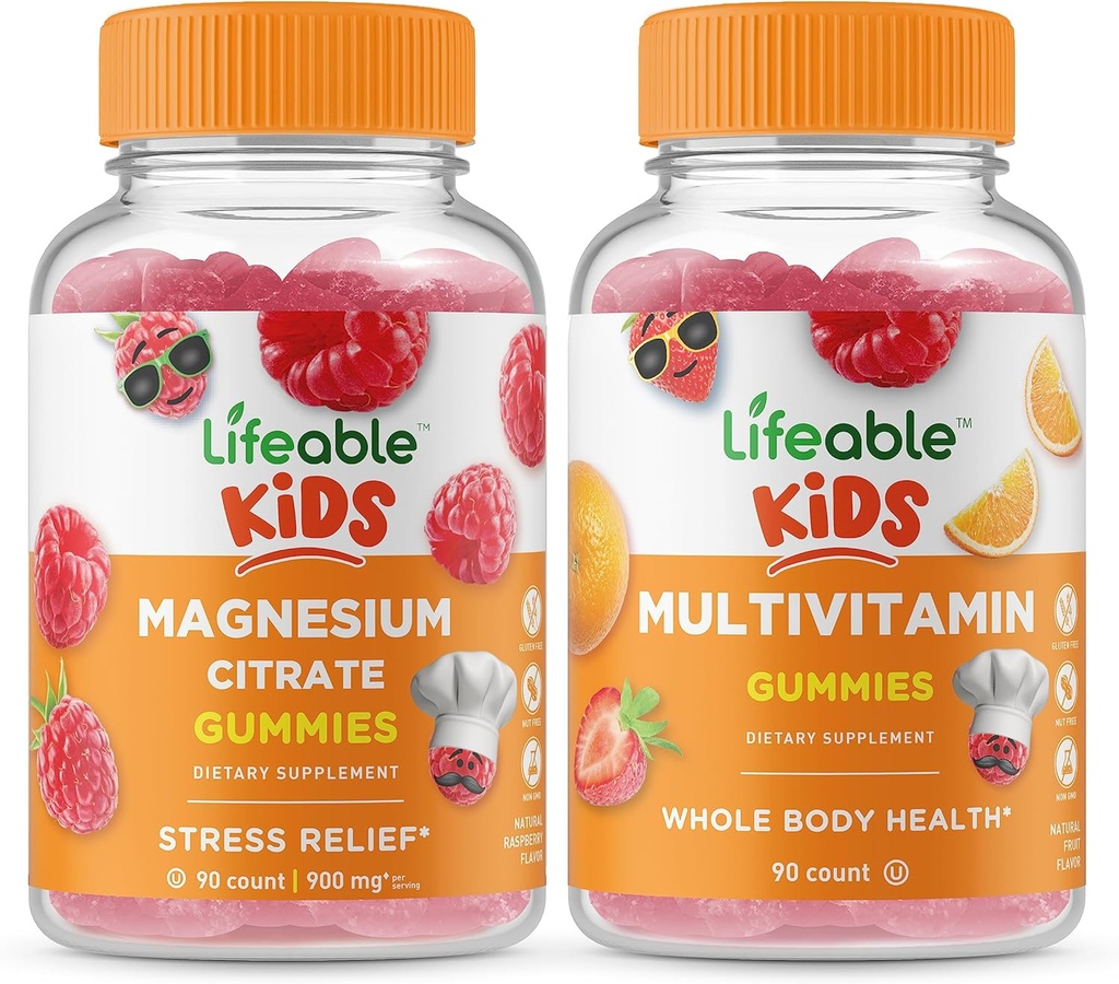 Bambini di Magnesio Lifeable + Bambini Multivitaminici, Gummies Bundle - Grande Degustazione, Supplemento di vitamina, Senza glutine, OGM libero, pancia masticabile