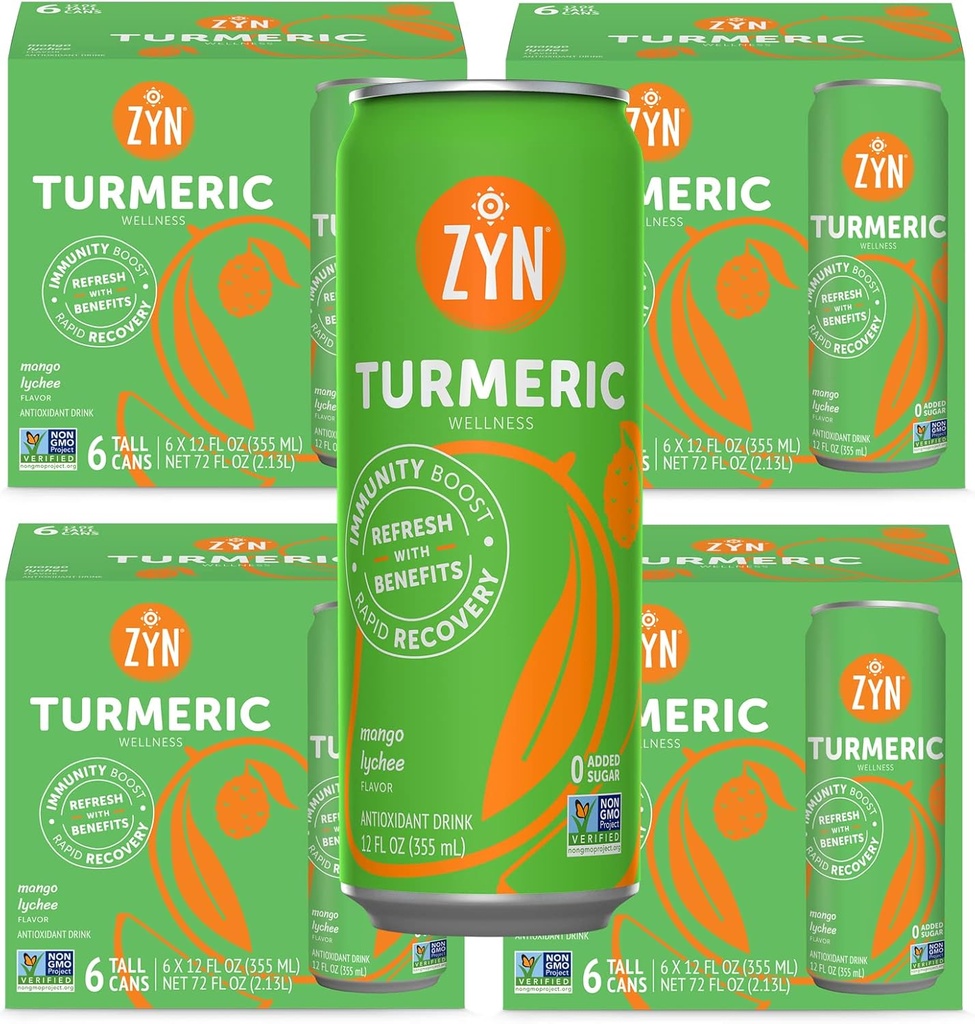 ZYN Turmeric Wellness Drink (24 Pack), Mango Lychee Flavored Turmeric Curcumin Drink with Black Pepper, No Added Sugar, Low Carb & Low Calorie Drink, Clean Alternative