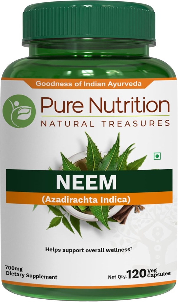 תזונה טהורה Neem קפסולות 700 מ"ג (Equivalent to 2600 מ"ג אבקת Neem Leaf ו- Bark אבקת) Non GMO | Once Daily | 120 Days Supply.