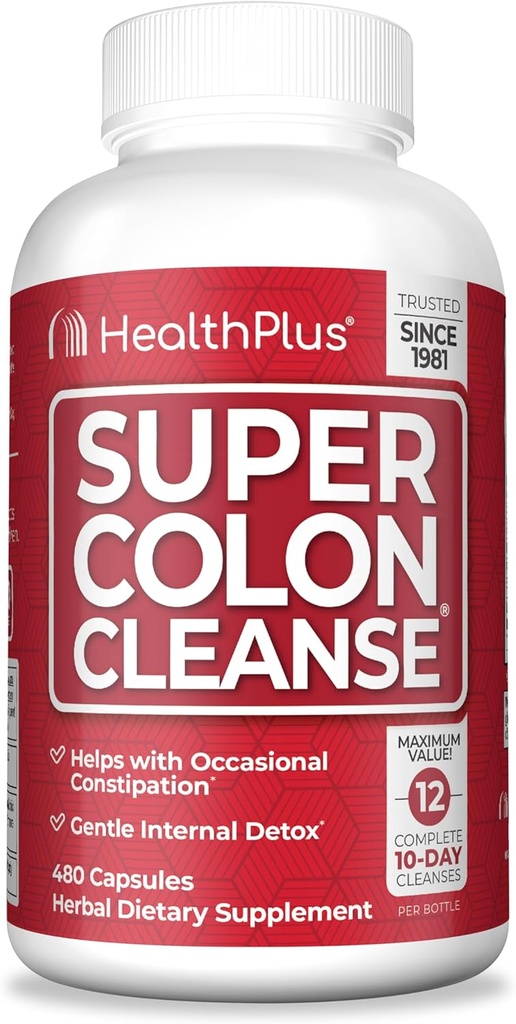 Health Plus Super Colon Cleanse 120-дневная поставка детоксикации нежной кишки, псиллия, пробиотиков для облегчения запоров и поддержки пищеварения, 480 капсул