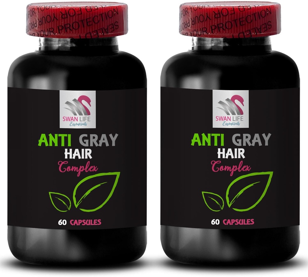 Píldoras de pelo anti-gris - Complejo de pelo anti-gris - Gris Reversal de pelo, Forma de pelo fresco, Renovación de color, Suplemento de pelo anti-gris, Brillancia de pelo, Tono natural, Reducción de Gris 2 Botellas 120 Caps