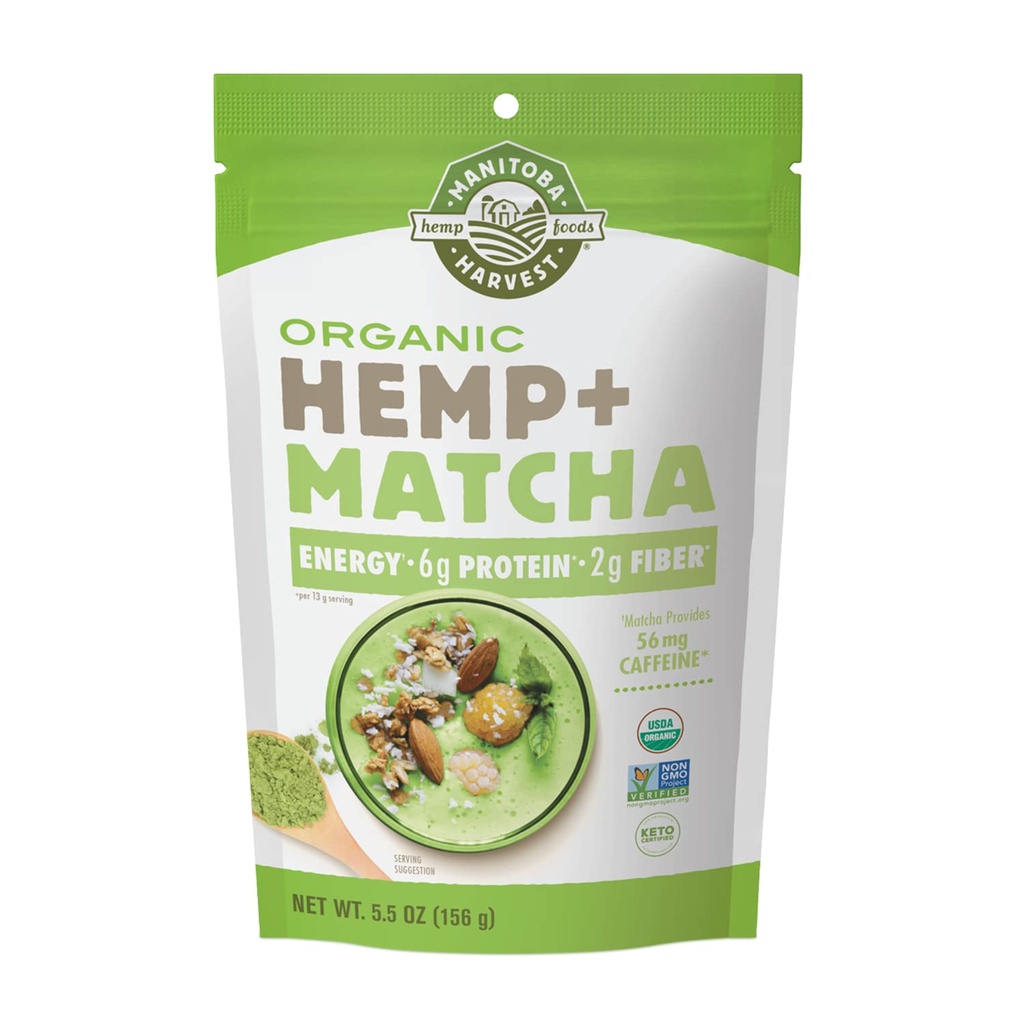 Manitoba Harvest Organic Hemp & Matcha Powder, 5.5 oz, Energy, 6g of Protein, 2g of Fiber per serving, Matcha Protein Powder, Vegan, Non-GMO Project Verified, 56g of Caffeine, Packaging May Vary