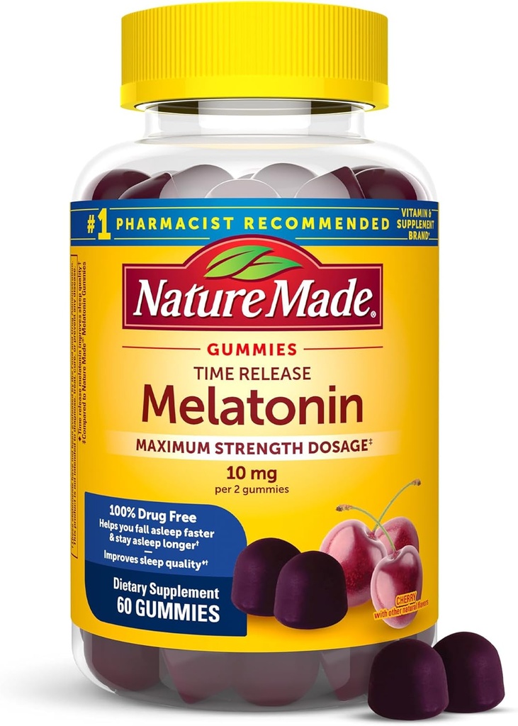 Nature Made Time Release Melatonin Gummies 10mg per Serving, Maximum Strength Dosage Sleep Aid for Adults, 100% Drug Free, 60 Gummies, 30 Day Supply