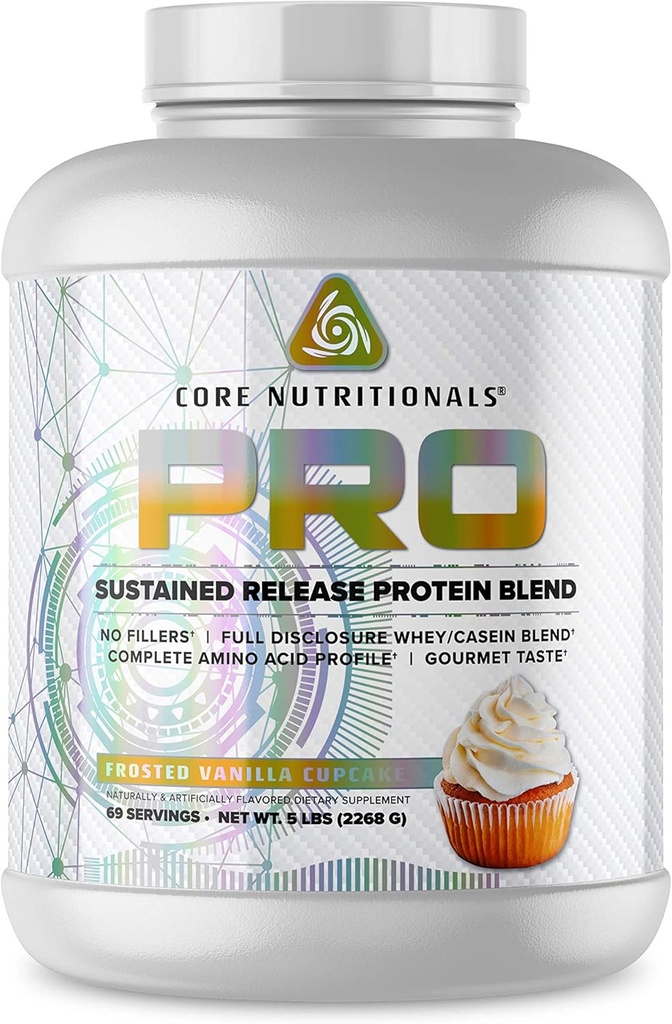 Core Nutritionals Pro trajen release proteinska mešanica, prebavna encimska mešanica, 25G proteini, 2G Carb, 69 Servisi (Frosted Vanilla Cupcake)