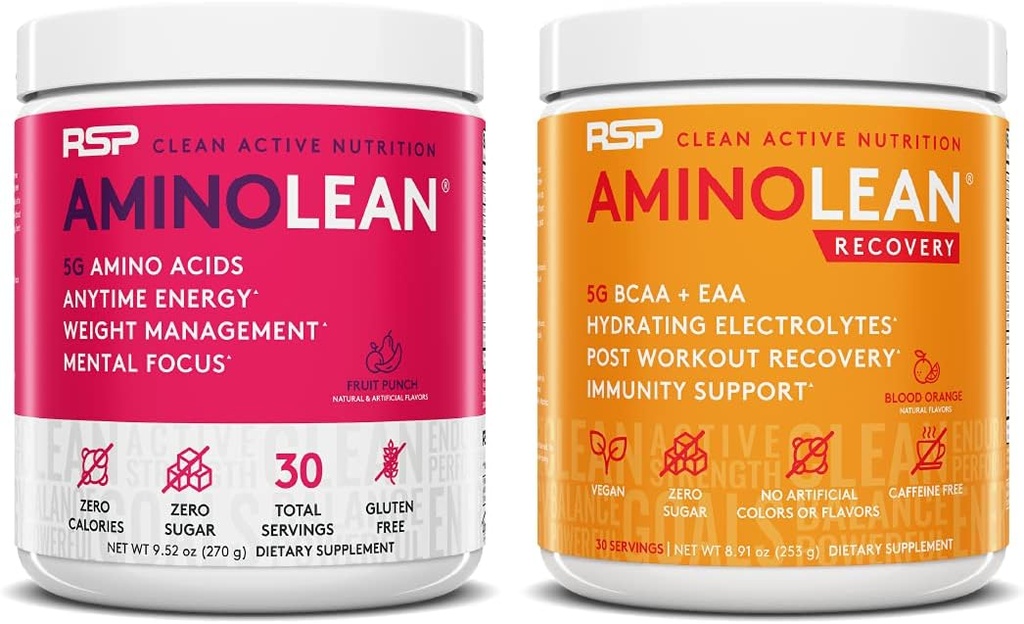 RSP NUTRITION AminoLean Pre тренування Енергетика (Fruit Punch 30 Сервінги) з AminoLean Recovery Post Workout Boost (Blood Orange 30 Сервінги)