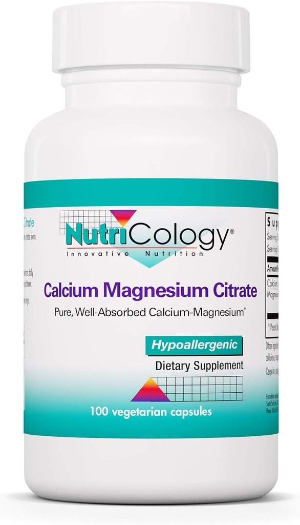 Nutricology Calcium Magnézium Citrate Supplement - Bone Health, with Calcium Citrate, Pure, Well-Absorbed, Vegetariánske kapsule - 100 Počet