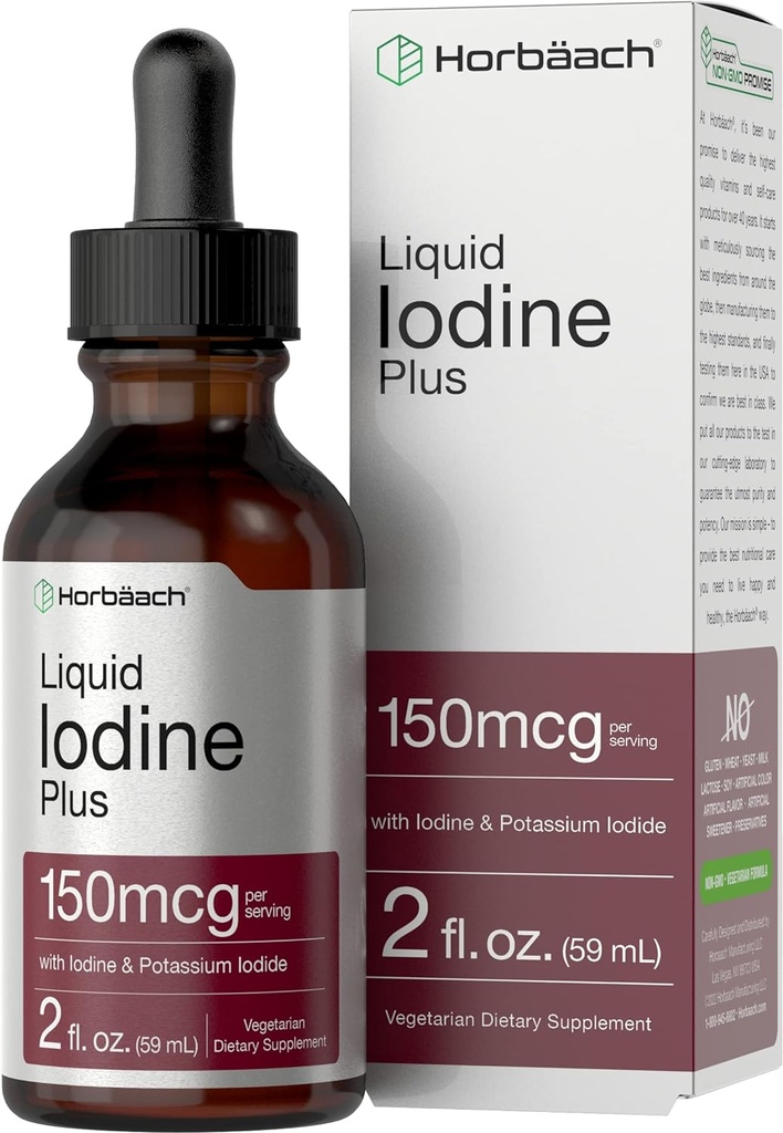 Horbäach Iodine Liquid Drops | 2 fl oz | 150 mcg | Iodine & Potassium Iodide Liquid Tincture | Vegetarisk, icke-GMO, Gluten fri tillägg