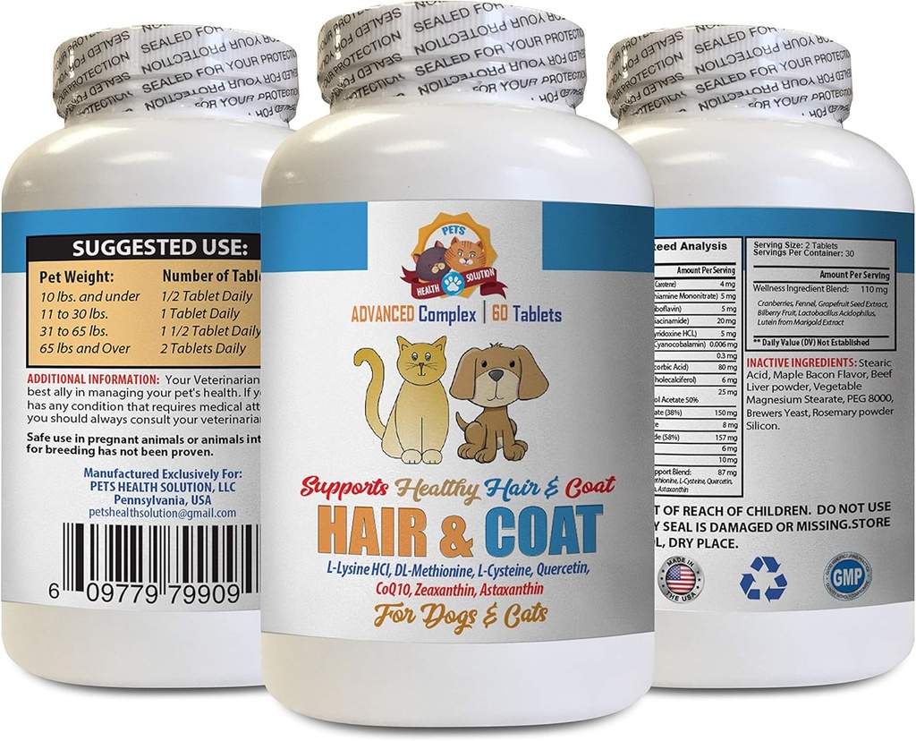 Suplemento de cabelo para cans - Pets Hair and Coat Boost - para cans e gatos - soporta cabelos saudables - Dog Vitamin e - 2 botellas (120 tabletas)
