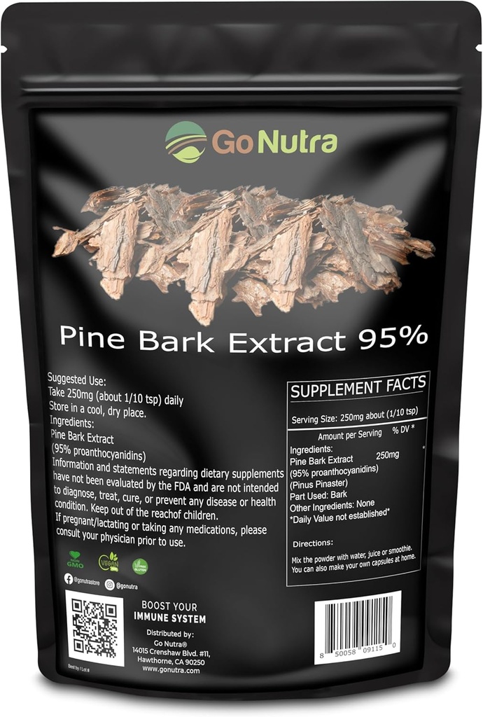Go Nutra Pine Bark Extracto de po estandarizado 95% Proanthocyanidinas Pine Bark Potent Suplemento 8oz.