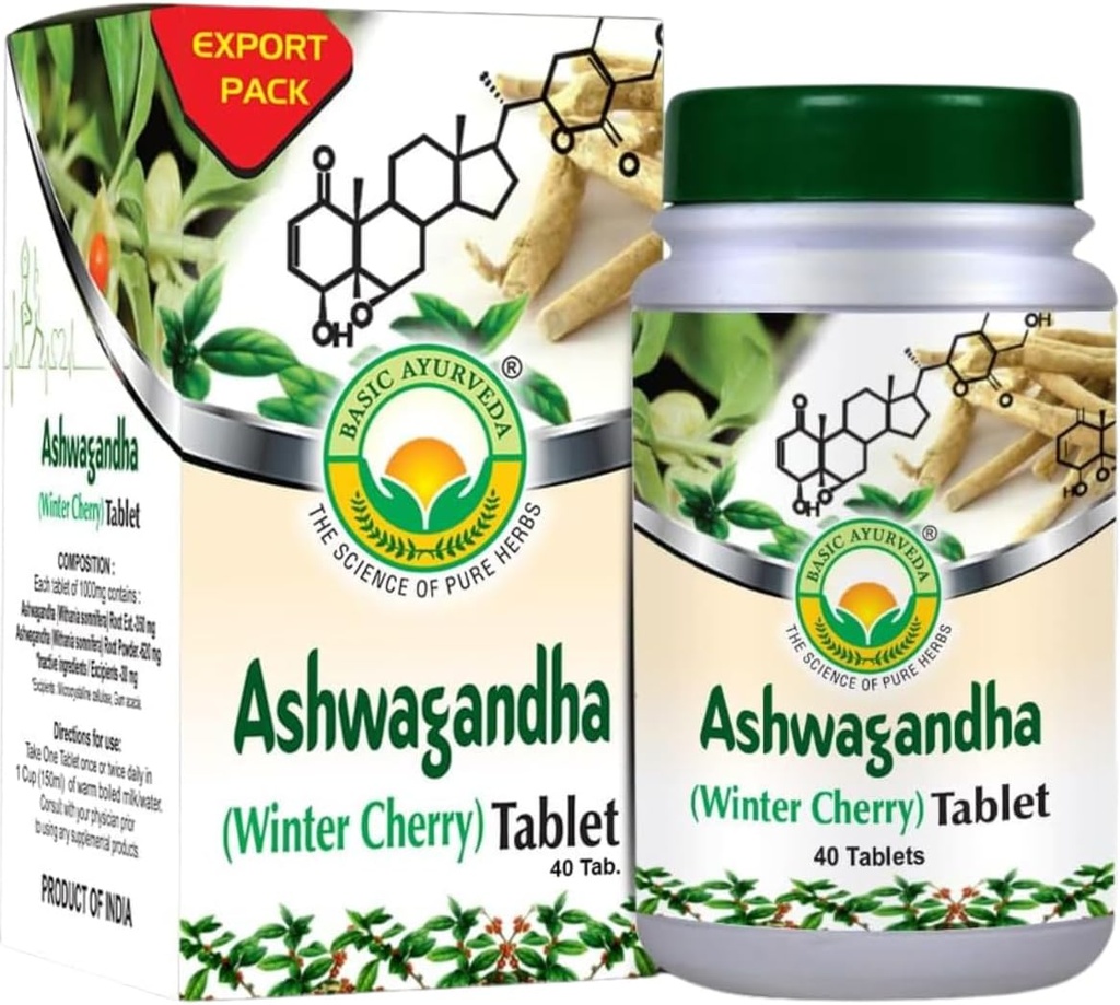 OSIC AYURVEDA Ashwagandha Tablets - 1000mg Western Cherry Herbal Supplement 124; Plant- Based Formula for Daily Routine, 124; Natural Root Extract for Man & Women, 124; 40 Tabletta