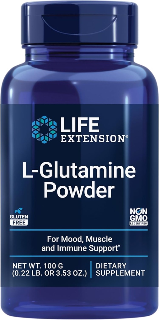 生命延伸 L-Glutamine 粉末、氨基酸、支持肌肉健康和免疫健康、无葡萄糖、非GMO、蔬菜、100克
