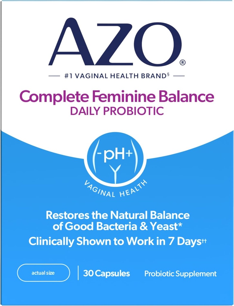 AZO completo Feminine Balance diario Probióticos para as mulleres, clinicamente comprobado para axudar a protexer a saúde vaxinal, axuda a equilibrar pH e lévedos, non-GMO, 30 Condes