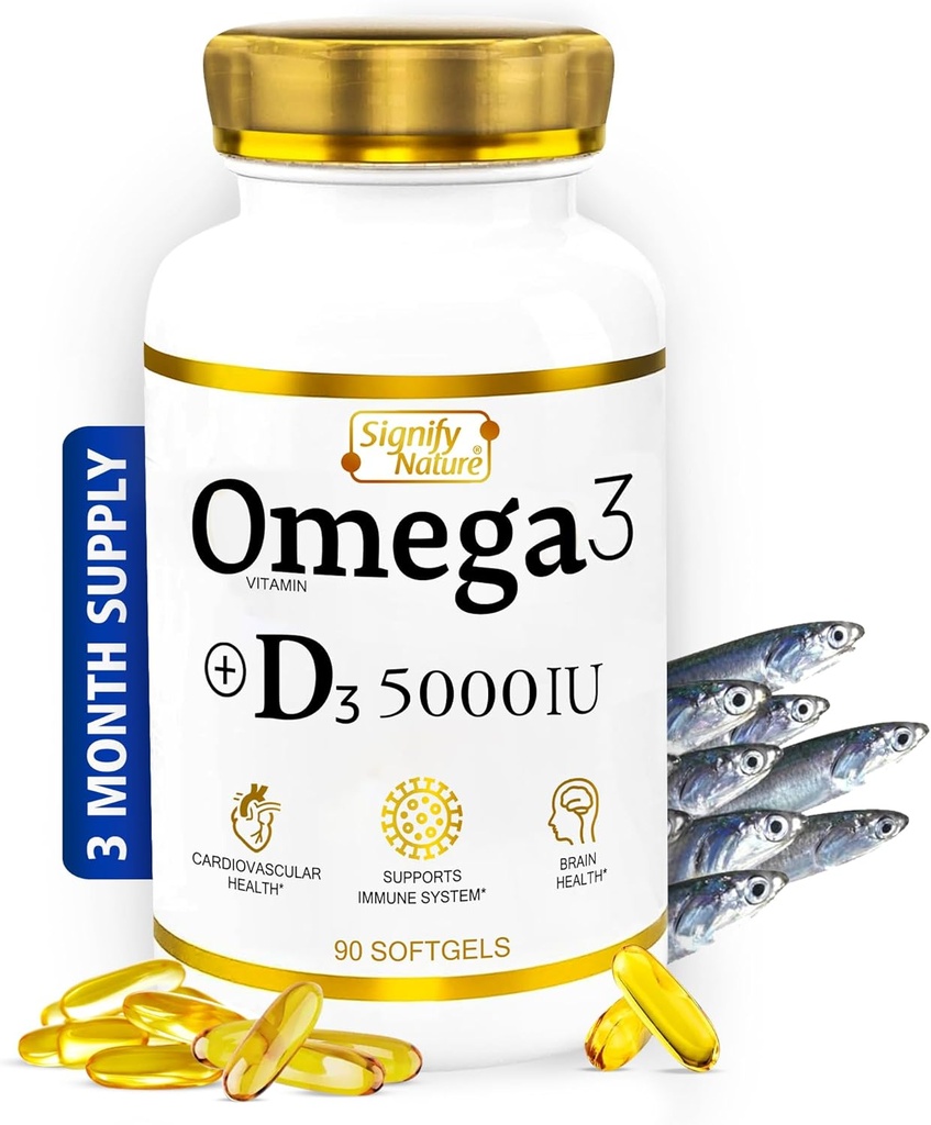 SIGNIFY NATURE Omega 3 Fish Oil supplement with Vitamin D3 5000 IU - 1000mg Triglyceride Capsules for Brain Health - Omega3 EPA DHA + VIT D 3-90CT