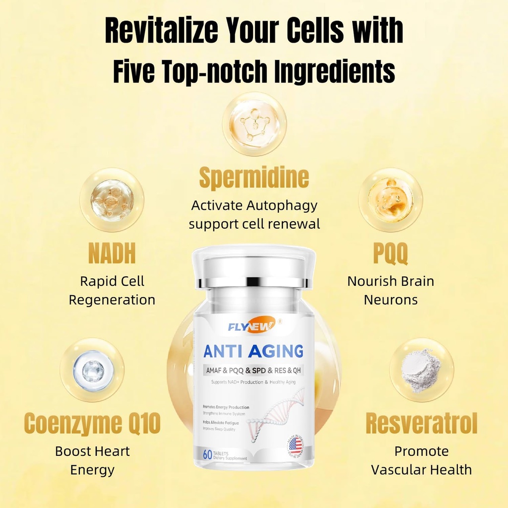 Anti-Aging, Resveratrol,NADH& PQQ, Healthy Hair, Skin, and Nails, Cellular Health, Спермидин, Ubiquinol, GMP, Made in USA 60 капсули