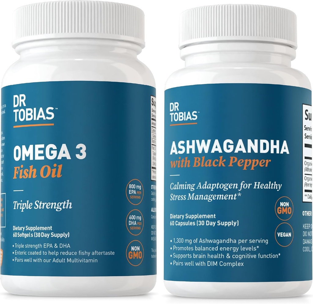 Dr. Tobias Omega 3 Rybí olej a Ashwagandha kapsule, Podpora Celková Wellness & Vyvážená energia a odolnosť, non-GMO