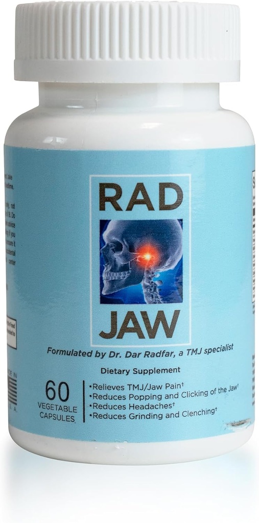 RAD JAW - Дополнение TMJ для женщин и мужчин, Питательная TMJ Relief, Поддержка челюстного дискомфорта, Целевые боли, нажатие, щелчок, шлифование, сжатие (Бруксизм) и другие симптомы, 60 растительных капсул