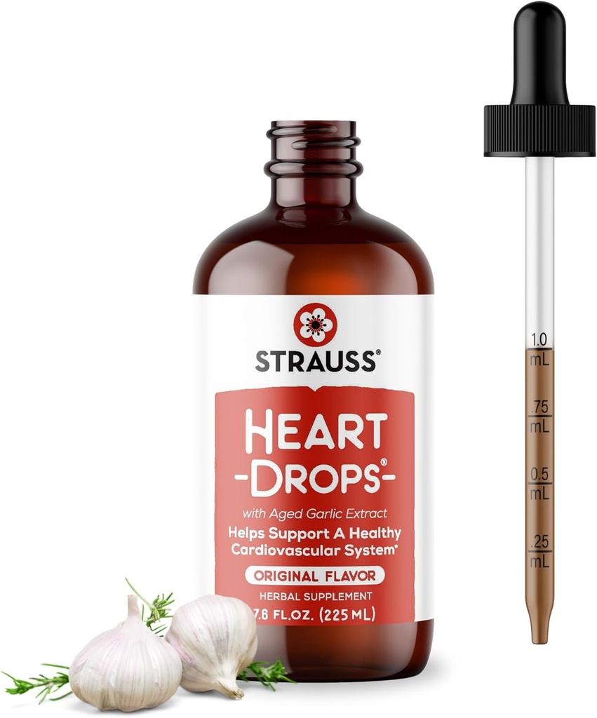 Strauss Naturals Heart Drops - Natural Mistletoe & Aged Garlic Extract Heart Health Supplement - hjälper till att upprätthålla hälsosamt kardiovaskulärt system - Vegan & Non-GMO - 225 ml flaska