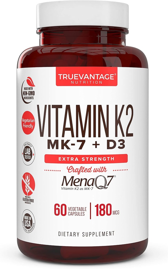 Vitamina K2 D3 Supliment 5000 UI D3 şi 180 mcg Vitamina k2 MK7 Suplimentul pentru oase sănătoase, Inimă sănătoasă şi sănătate cardiovasculară- 60 Uşor de înghiţit Capace vegetale de MenaQ7 K2 MK7
