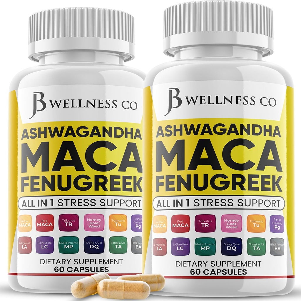 JB Wellness Co Ashwagandha Maca Root Fenugreek Supplement with Tongkat Ali Ginseng - Assists with Mood & Thyroid Health - Made in USA - 120 Count