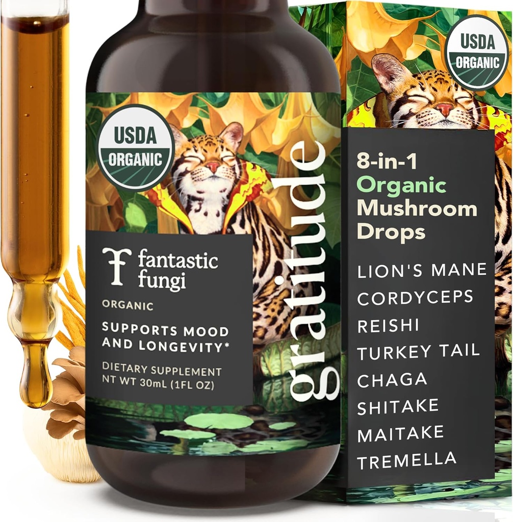Fantastinis Grybų ekstraktas - 8-in-1 Organic Complex Mushroom Addition with Cordyceps, Reishi, Lion 's Mane, Chaga, Turkey Tail, Shiitake, Maitake & Tremella - Adaptogen Liquid Tincture, 1 fl oz