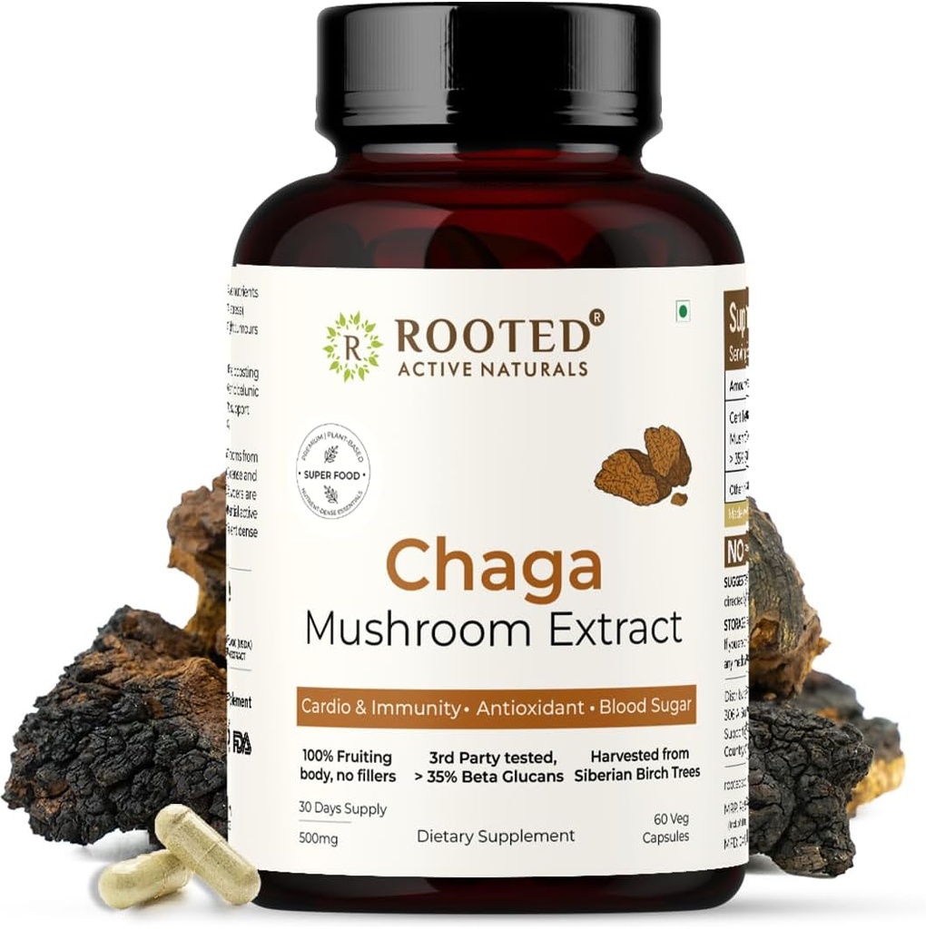 ROOTED Actives, Siberian Chaga Mushroom Extract, Certified Organic| 35% Beta Glucans - Lab Verified | Antioxidant & Vitality Support (60 Veg Caps)