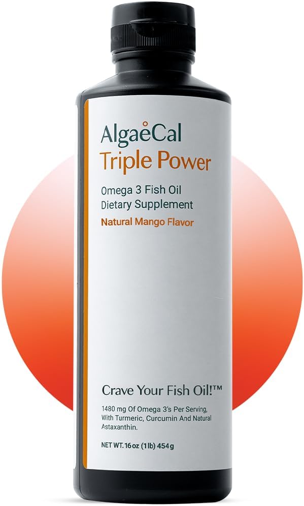 ALGAECAL 三聚动力 1200mg EPA & DHA Omega 3 鱼油补充品,支持脑,心,皮肤和骨头,液体乳香芒果味,Burp-Less,无糖,美国制造
