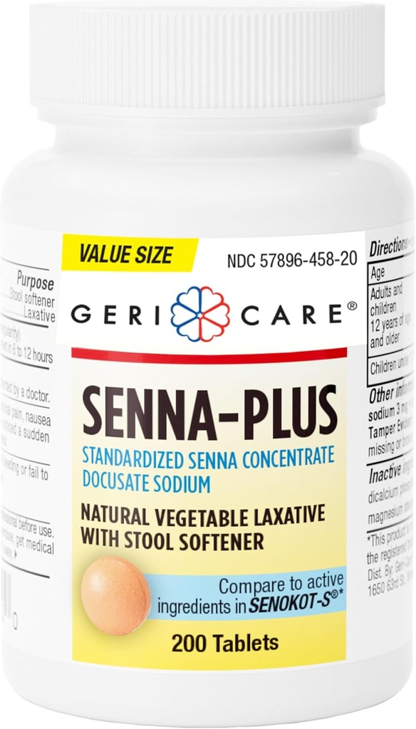 GeriCare Sena Plus Natural Laxative with Stool Softener, Docusate Sodium 50mg, Sennosides 8,6 mg, 200 tablečių (pakuotė 1)