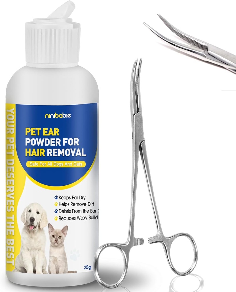 Powder de oído para perros Plucking,Dog Tratamiento de la infección del oído con 5.5 Inch Tweezers Curvado,Removal Ear Hair Powder,Soothes Itchy Ears ' Relieve Scratching