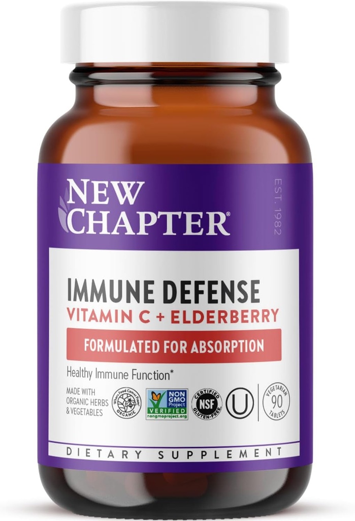 Novo Capítulo® Vitamina C Immune Defense Supplement + Elderberry - excelente fonte de vitamina C, un Tablet diario para un apoio inmune saudable, feito con herbas orgánicas, non GMO, libre de glute, 90 ct