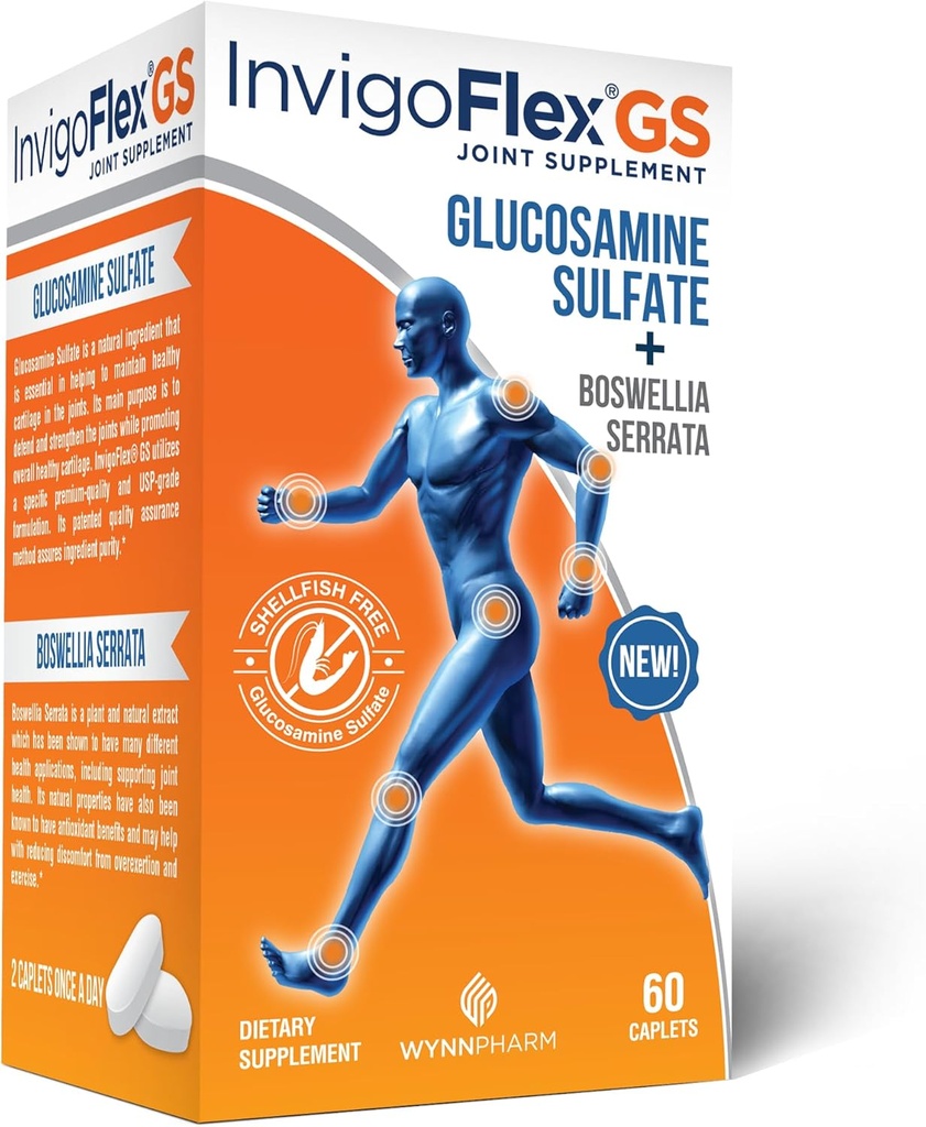 INVIGOFLEX® GS - Glucosamine Sulfate (Shellfish Free, Sodium Free & Vegetarian Safe) Ez GMO, Gluten Free - Boswellia Serrata - Knees, Hands, Back eta Hip Premium osagarri bateratua