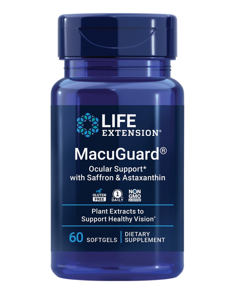 Life Extension MacuGuard Ocular Support with Saffron & Astaxanthin – Eye Health Supplement for Healthy Vision – with Lutein, zeaxanthin, Meso-zeaxanthin – Gluten-Free, Non-GMO – 60 softgels