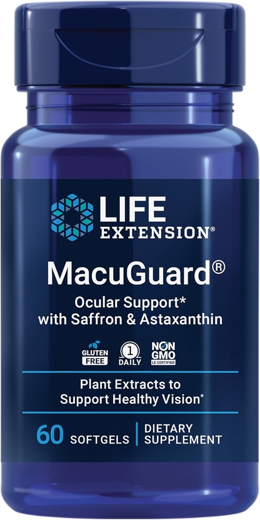 Life Extension MacuGuard Saffron və Astaxanthin ilə dəstək - Sağlam Vision üçün Göz Sağlamlığı - Lutein, zeaxanthin, Meso-zeaxanthin - Gluten-Free, Non-GMO - 60 softgels