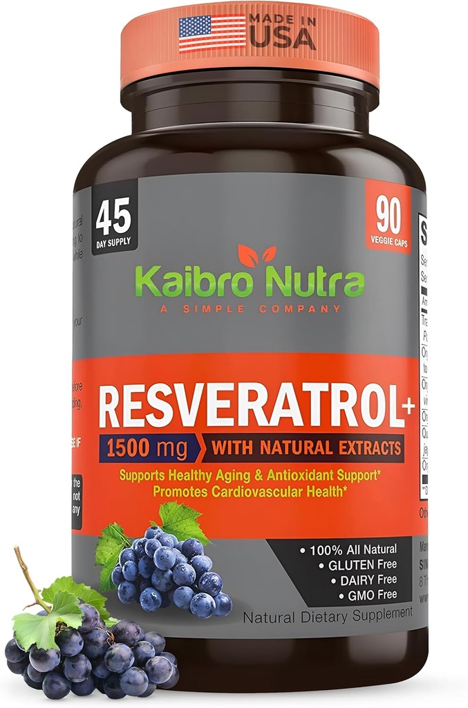 Kaibro Nutra Resveratrooli lisand, 1500mg ekstra tugevus Trans-resveratrool, kvertsetiin koos Jaapani Knotweed ekstraktidega, vananemisvastane, kiirguslik nahk ja immuunsuse tugi, Vegan & Non-GMO, 90 kapslit