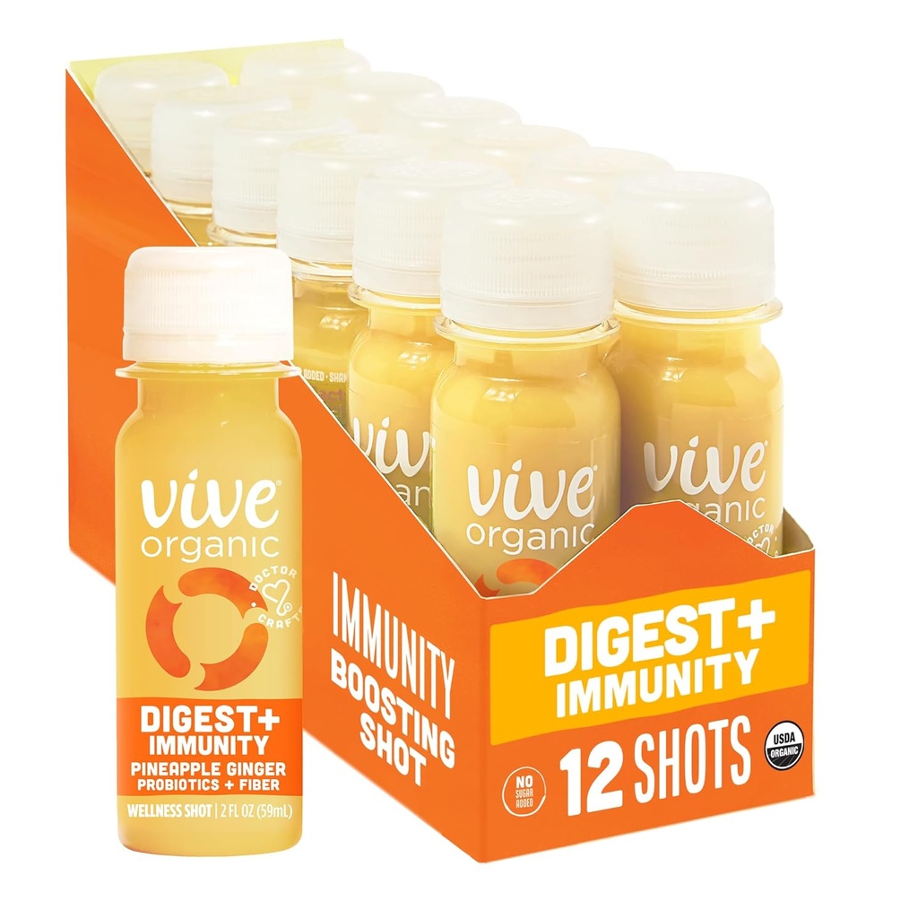 Vive Organic Digest + Immunity Dual- Boost Shot, Cold- pressed Aloe Vera, Apple Cider, Probiotics, 2g Fiber, Gluten Free, Vegan, 2 Fl Oz (Paketas 12)