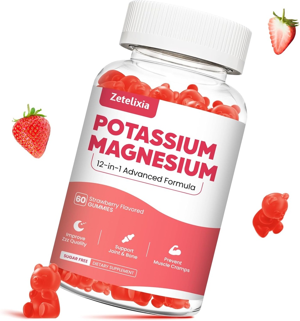 Kalium Magnesium Supplement Gummies voor volwassenen Kids, Magnesium Glycinate & Kalium citraat, Plus Multivitamine, Omega-3 & Black Pepper, Leg Cramps, Muscle & Heart Health, 60ct