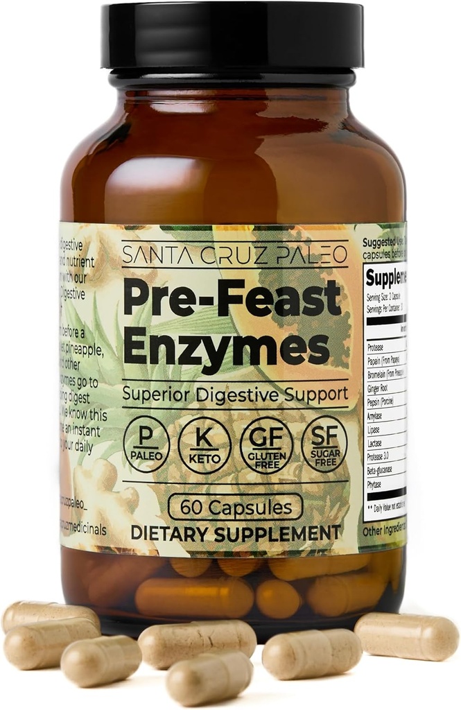 Santa Cruz Ex-Fento Pre-Feast Enzymes cho phụ nữ và đàn ông, Fiber Phụ phí cho sức khỏe Gut & HTMLive Health, Gluten Free, Keto, Sugar Free, đá quý, với Bromelin, Ginger Root, 60 Capsules