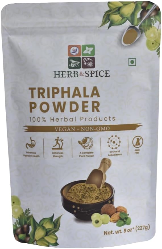 Triphala Powder Non GMO, Gluten Free, 100% Surowiec, Sourced z Indii, Herbal Formula Amla, Haritaki, Bibhitaki, Packed in Resealable Zip Lock Pouch (227 Gram)